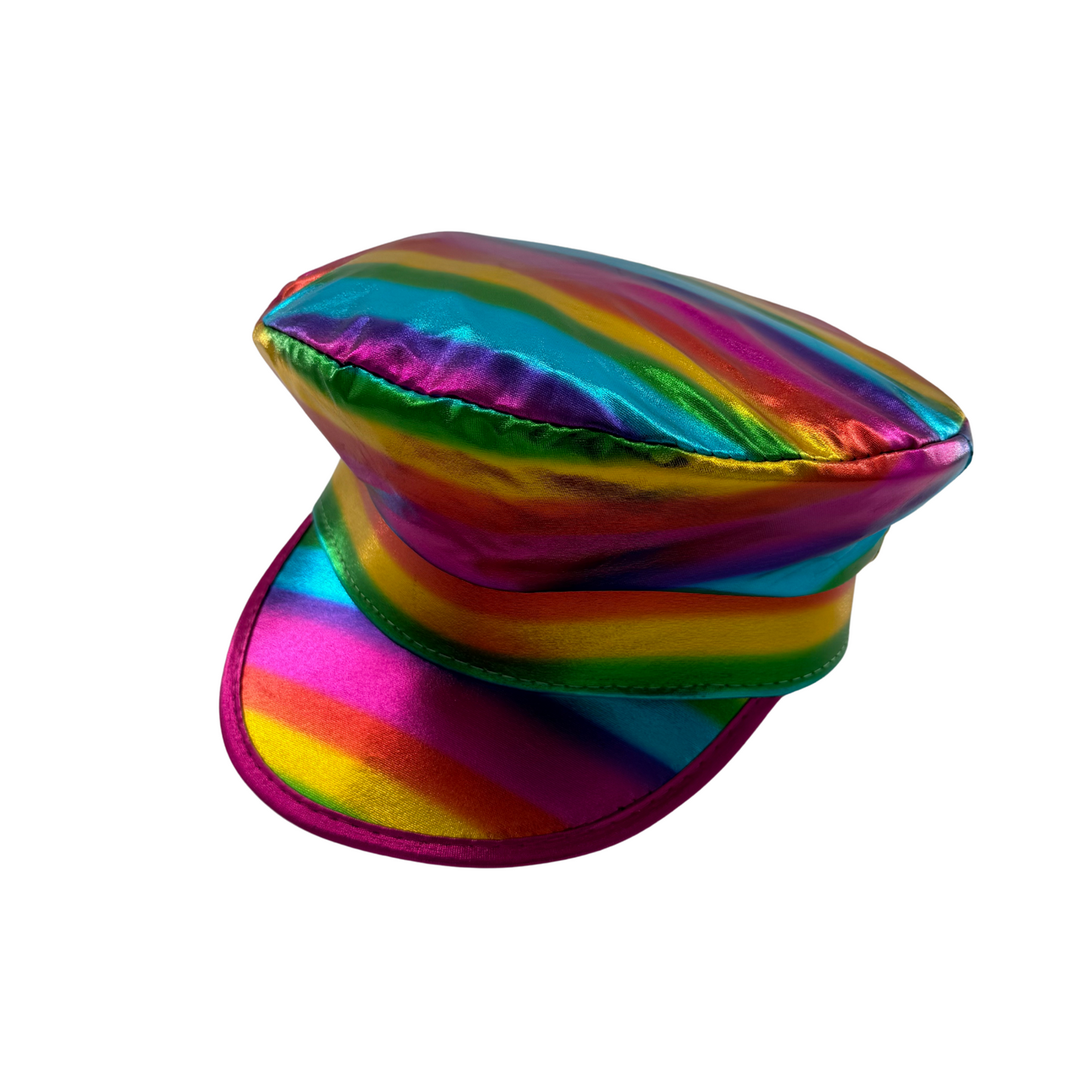 A metallic multicolored captain's hat with a rainbow finish, designed for festivals and costume parties.
