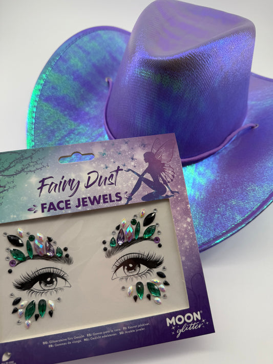 Festival hats, cowboy hat in purple, matching face jewels