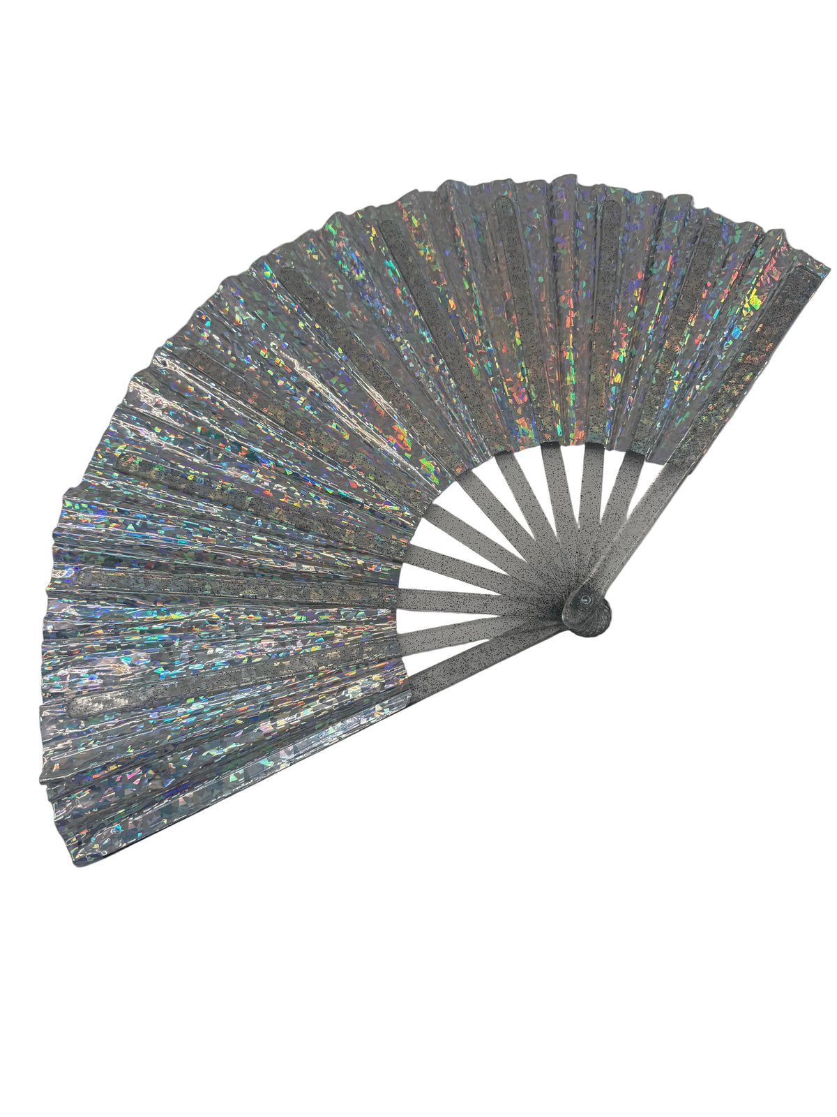A silver glitter folding hand fan with iridescent holographic shimmer, shown partially open against a neutral gray background.