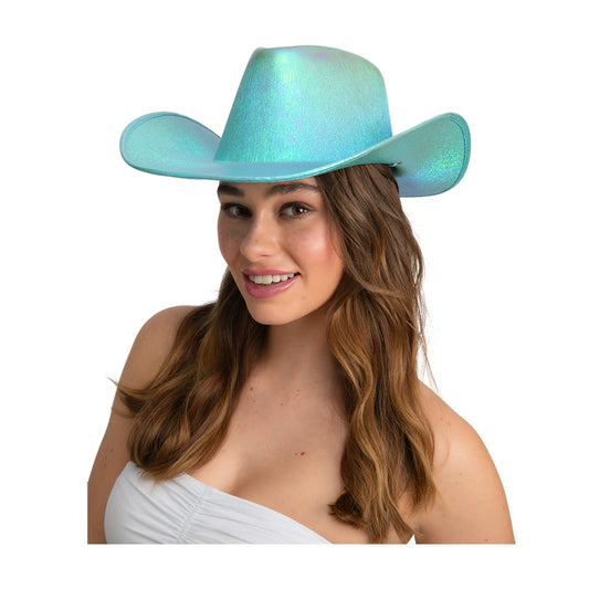 Iridescent light blue cowboy hat with wide brim, worn by a woman with long wavy brown hair and a white off-shoulder top