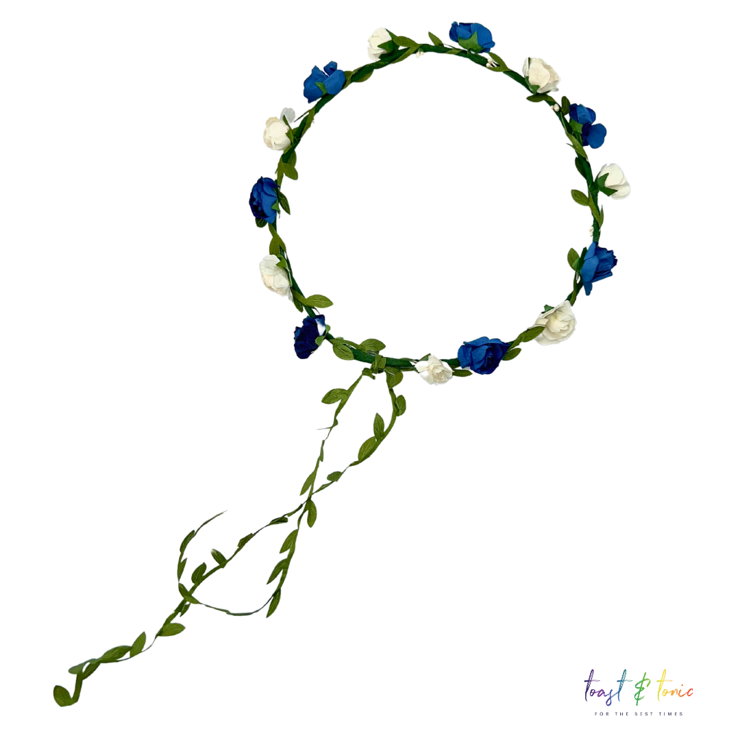 Flower Hair Garland, Blue & White Flower Hair Garland With Green Trail - Blue and White Flowers