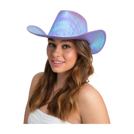 Shiny iridescent purple cowboy hat with wide brim, worn by a woman with long wavy light brown hair and a white off-shoulder top.