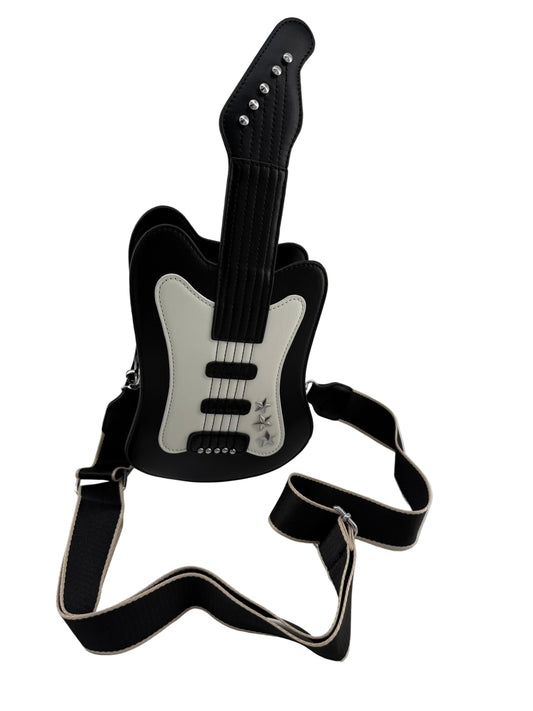 A black faux leather guitar-shaped shoulder bag with a white pickguard and black stars, complete with a strap