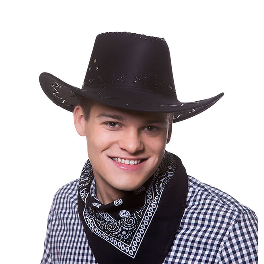 Person wearing a black cowboy hat and bandana on a white background