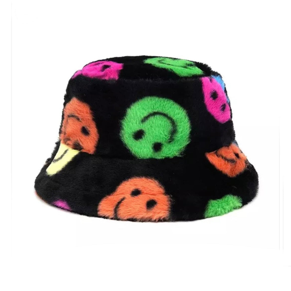 black, bucket hat, fluffy, bright colour smiley faces,