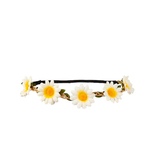 A headband featuring artificial daisy flowers attached to a flexible elastic band can be used as a flower crown