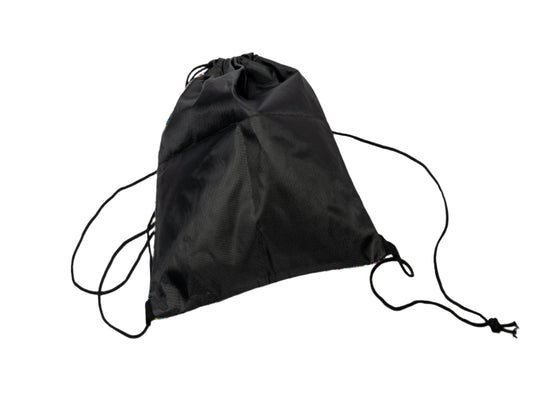 rear view of sequin drawstring bag, great as a festival bag, multicoloured and doubles as a backpack