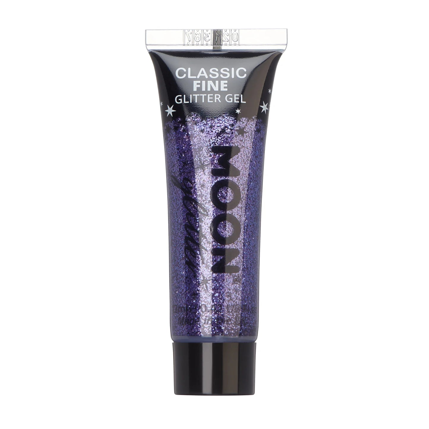 A tube of fine glitter gel with purple glitter visible on its surface.