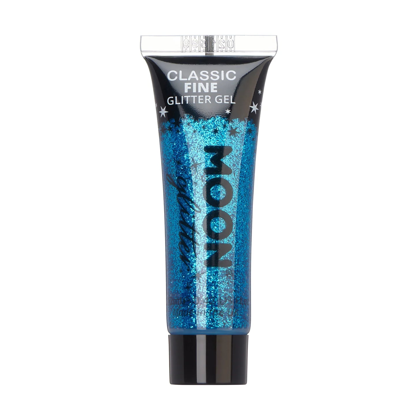 A tube of fine blue glitter gel designed for use on hair and body for sparkling effects, packaging indicates it's part of the 'Classic Fine' line.