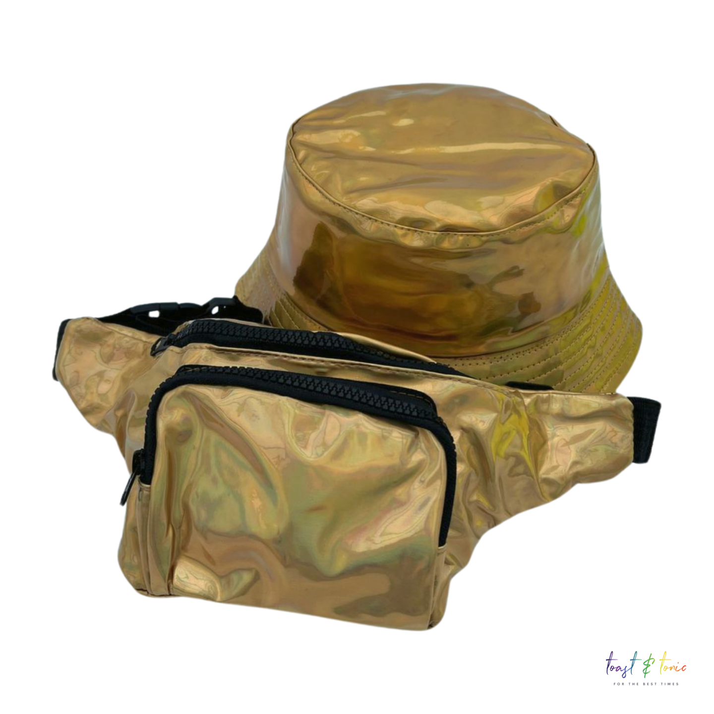 gold holographic bucket hat, gold holographic bum bag