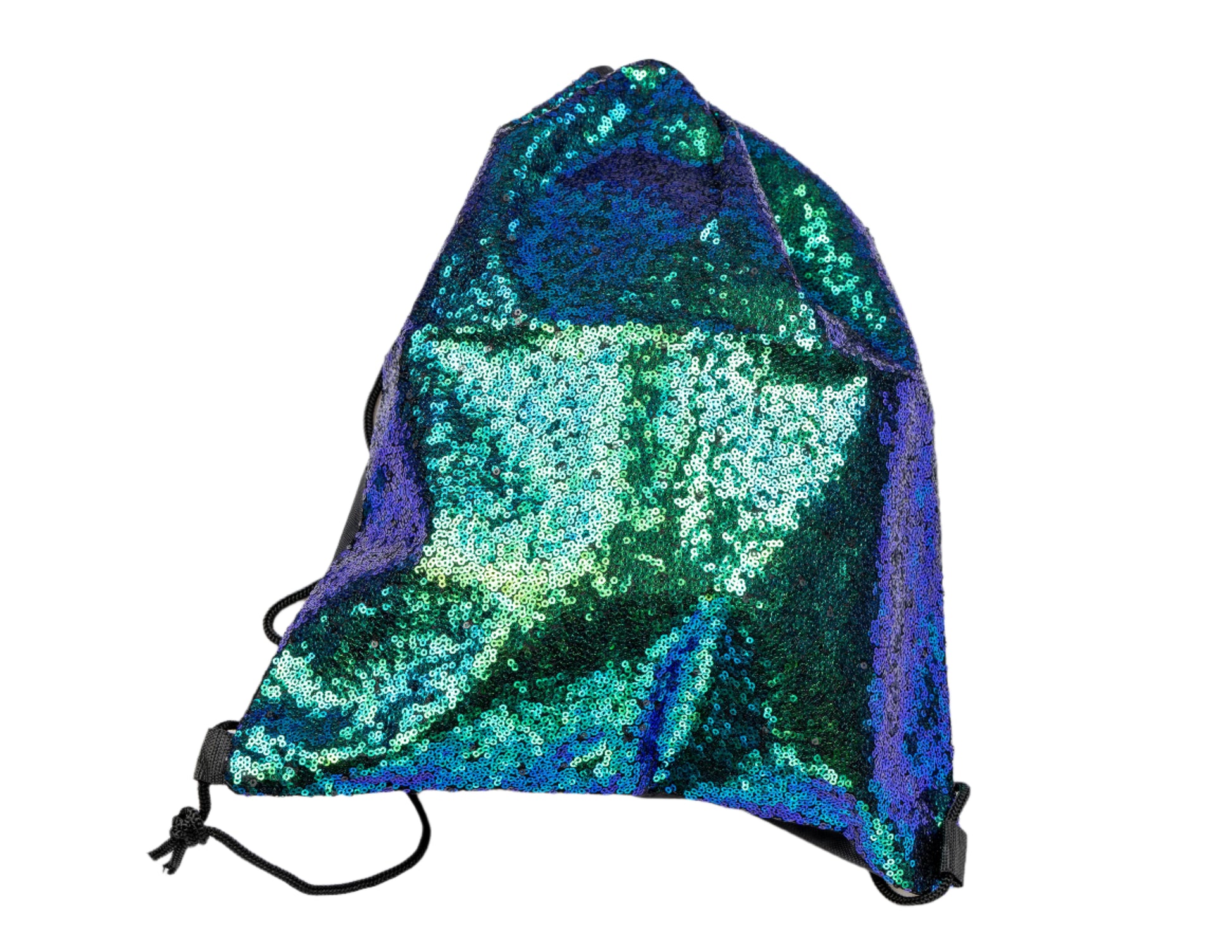 A green sequin drawstring bag with a vibrant shimmering design, suitable for festivals.