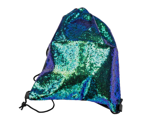 A green sequin drawstring bag with a vibrant shimmering design, suitable for festivals.