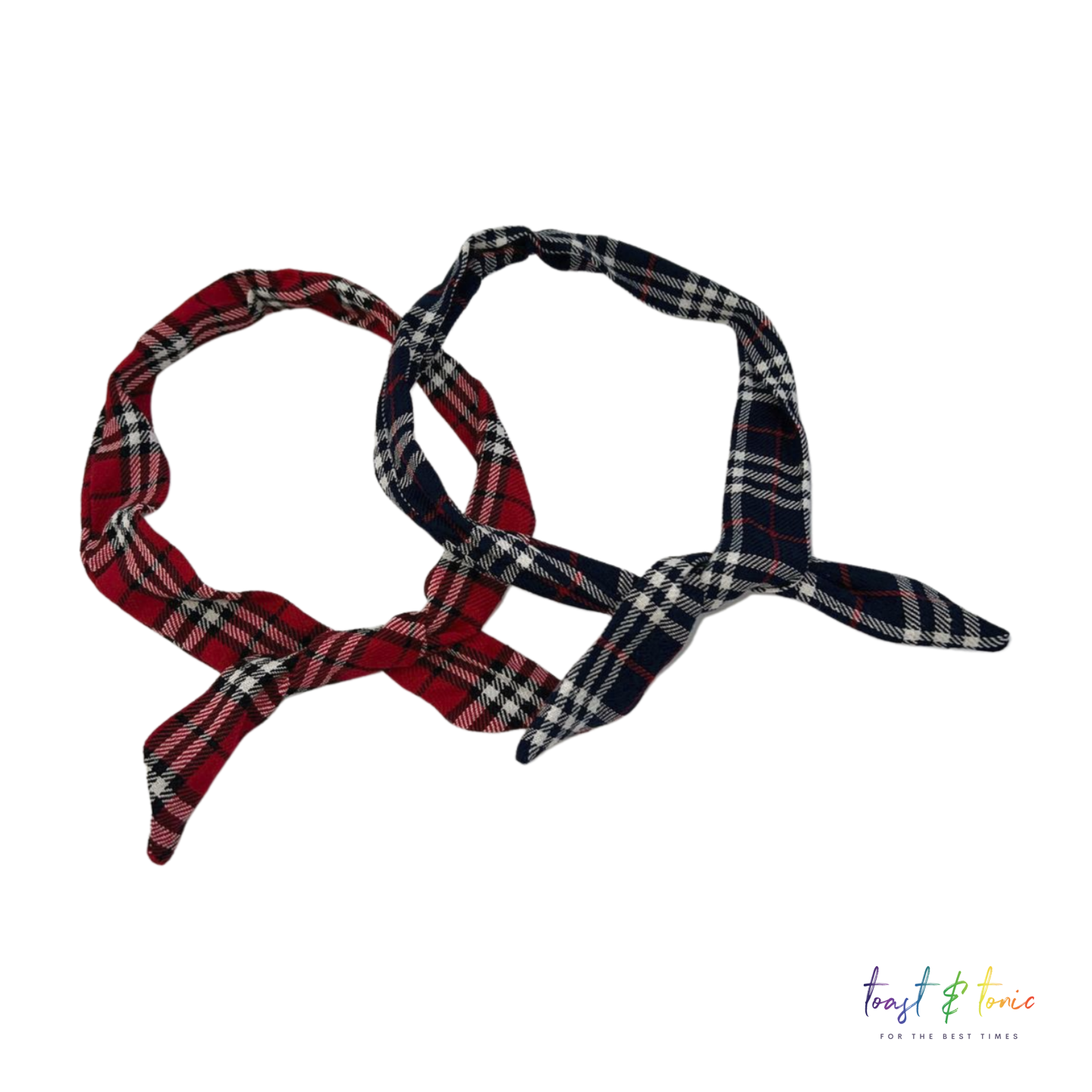 Wire Headbands in colour options of red tartan and navy blue tartan wire hair ties from toast and tonic. Shop Now