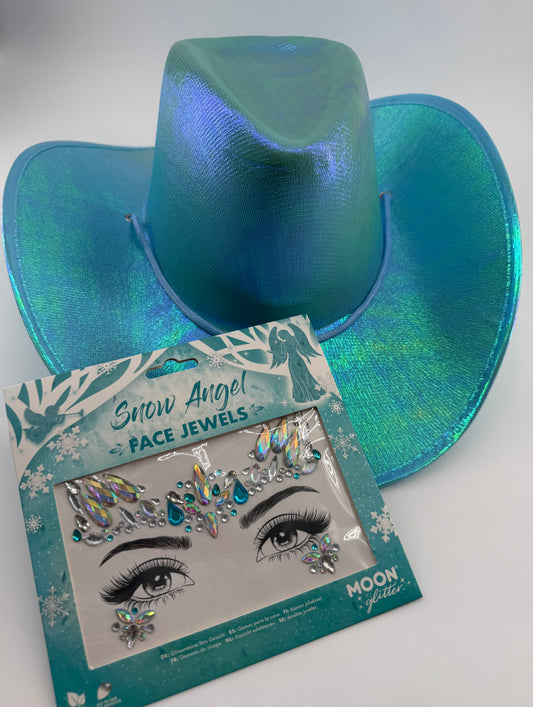 Blue cowboy hat with matching face jewels on a light background