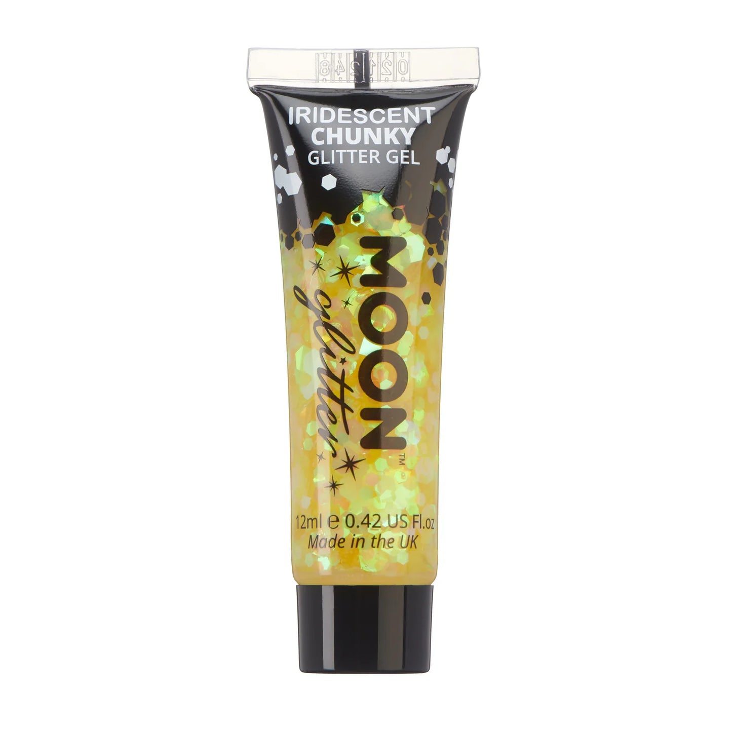 A tube of iridescent chunky glitter gel with yellow sparkles visible in the tube's opening.