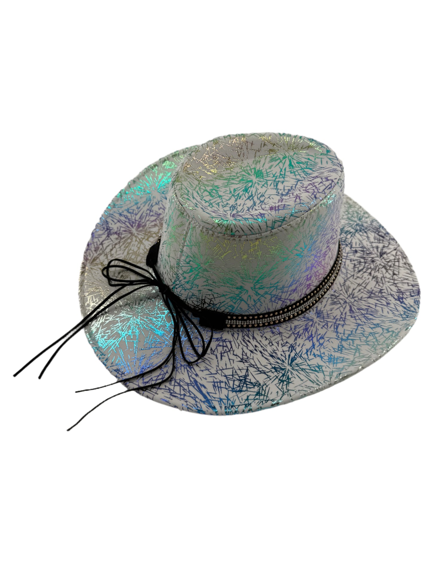 Rear image of Iridescent hat, with metallic shimmer flash design with black ribbon on a white background
