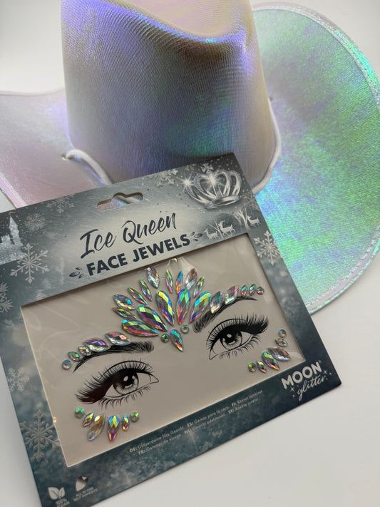 Bundle, Pearl Iridescent Cowboy Hat and ice queen face jewels with decorative eyes on a white background.