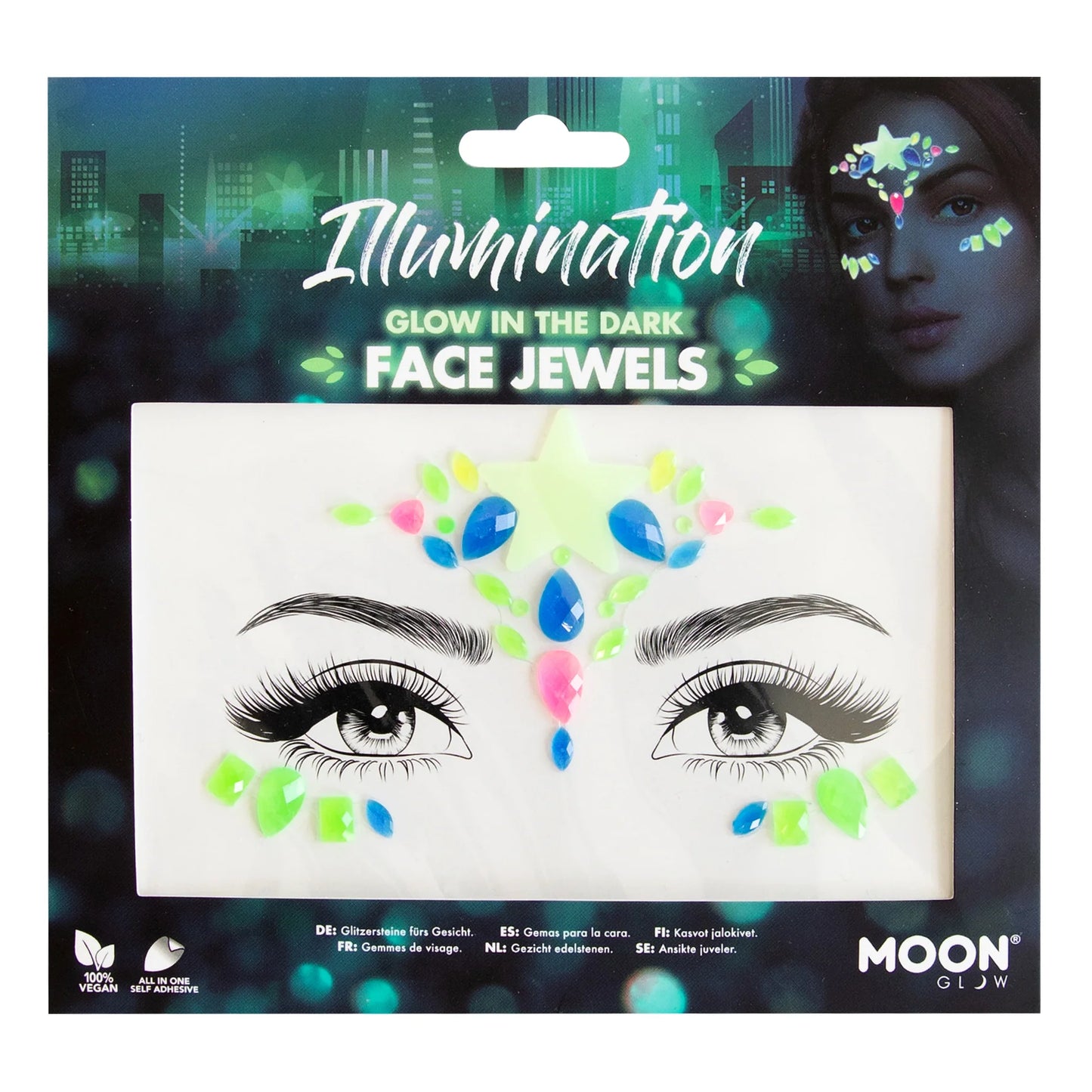 Packaging of Glow in the Dark Face Jewels with a cityscape background