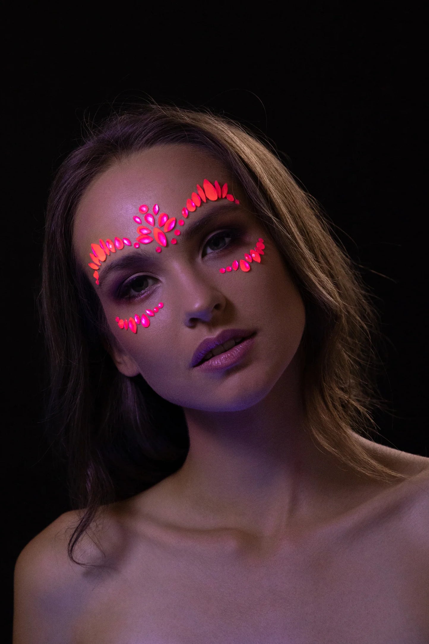 neon pink uv face jewels, neon intense pink face gems