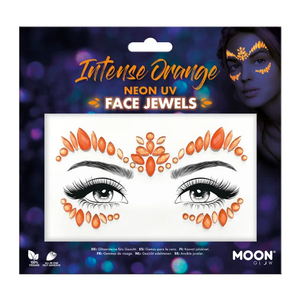 orange neon uv face jewels, neon orange face gems