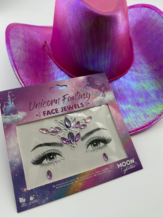 Set of Unicorn Fantasy face jewels with iridescent pink cowboy hat bundle on a white background