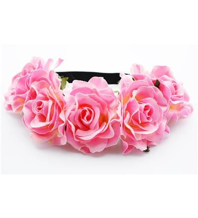 A head garland headband featuring pink roses tied with a black ribbon, with a flexible wire base would make a good flower crown