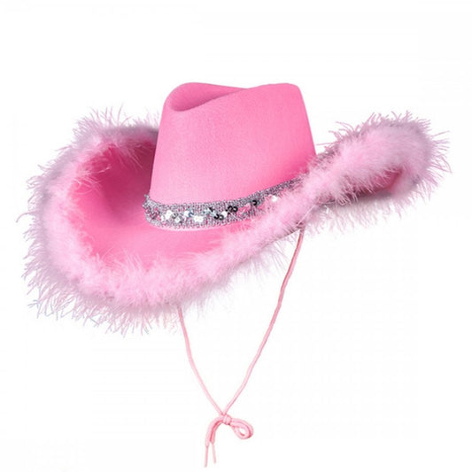 A vibrant pink cowgirl hat with marabou feather edging and a silver sequin band.