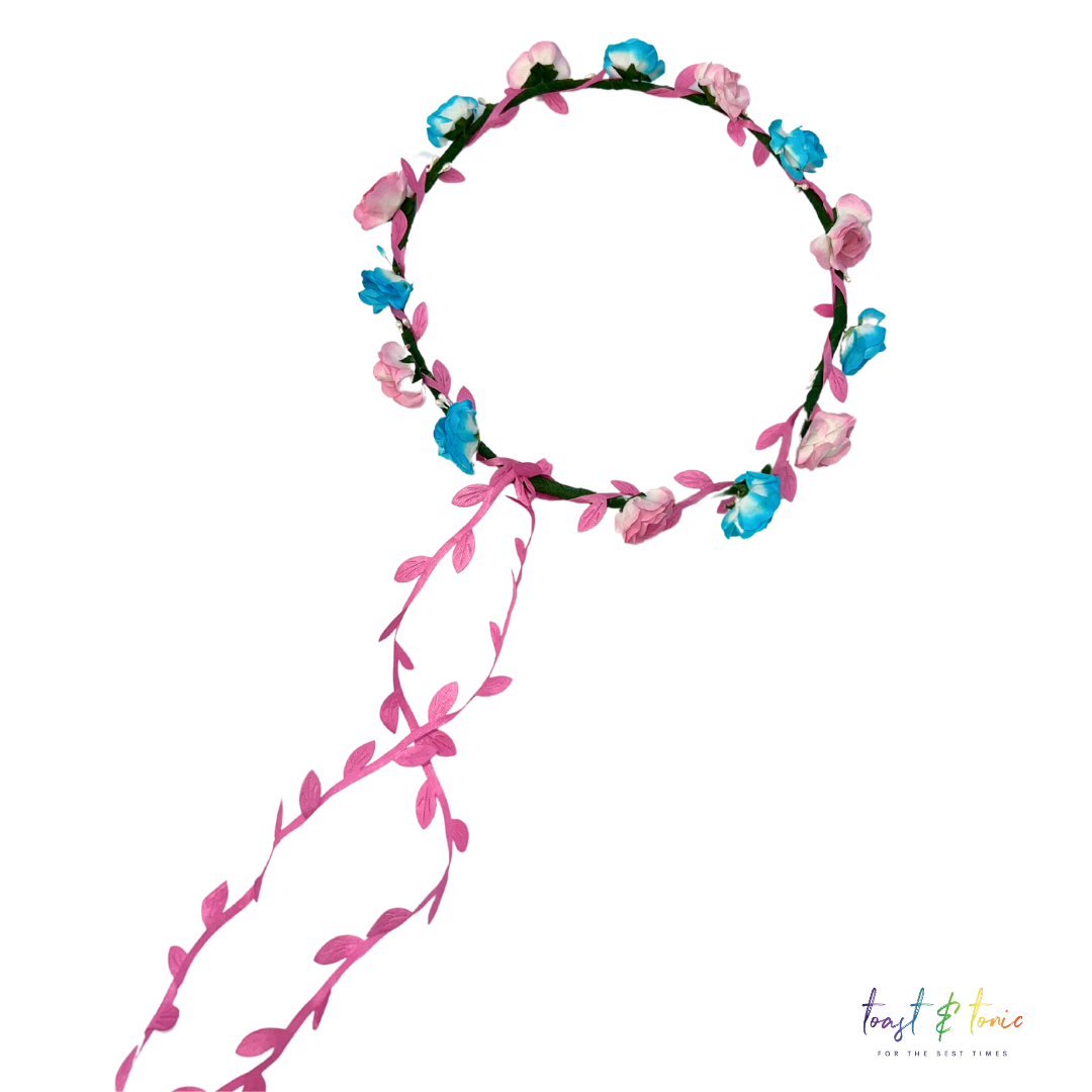 Flower Head Garland, Pink & Blue Flower Hair Garland With Pink Trail