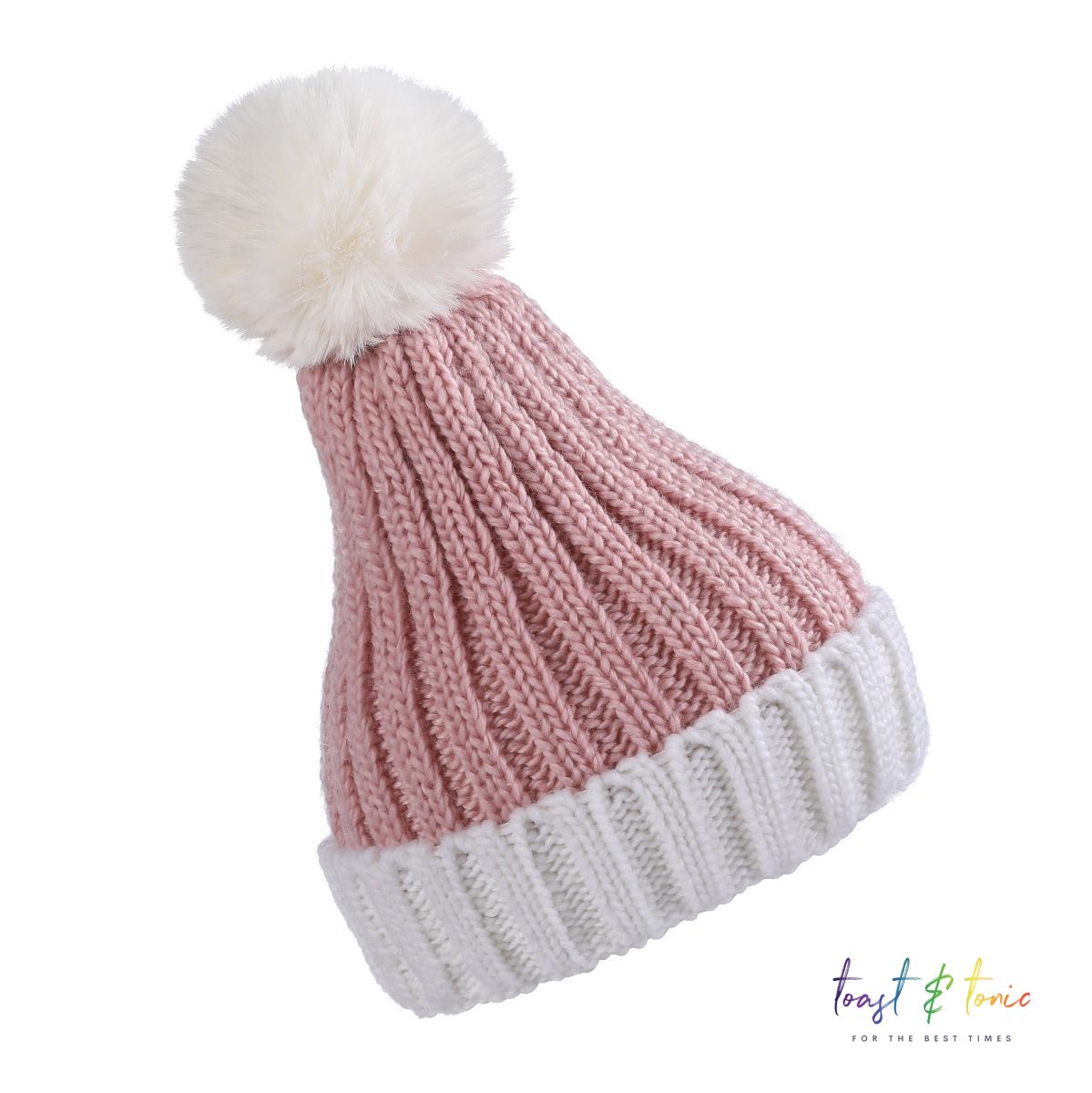 Bobble Hat - Pink & Cream