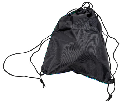 rear image of green sequin drawstring bag on a white background makes a good festival bag