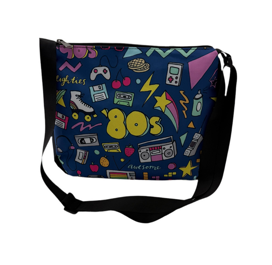 Bag with 80s-themed design on a white background