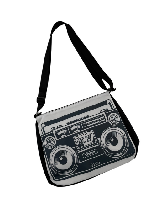 Bag with a retro boombox design on a white background