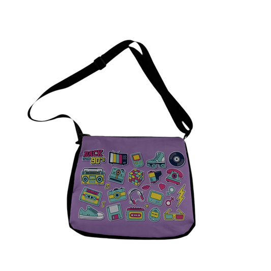 Purple bag with 90's retro-themed graphics on a white background