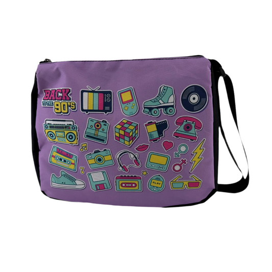 Purple bag with 1990s-themed icons on a white background