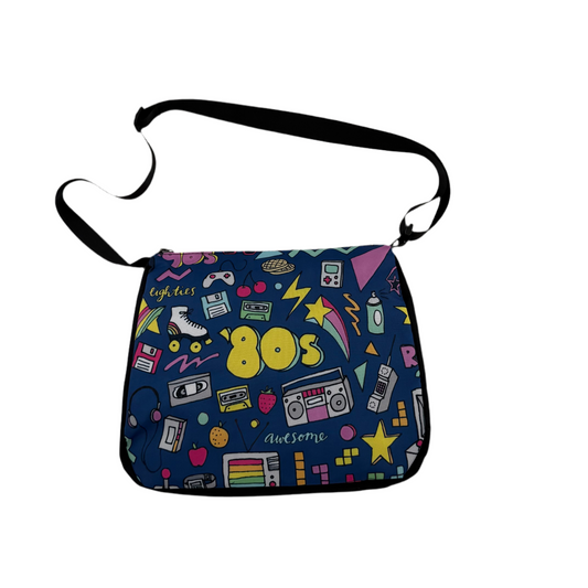 Sling bag with 1980s-themed pattern on a white background