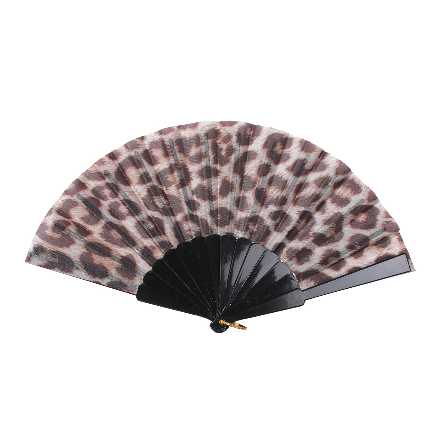 Leopard print hand fan with black handle on a white background