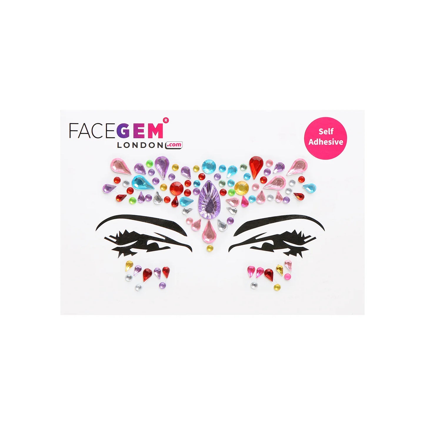 Packaging of Face Gem London with colorful gemstones on a white background