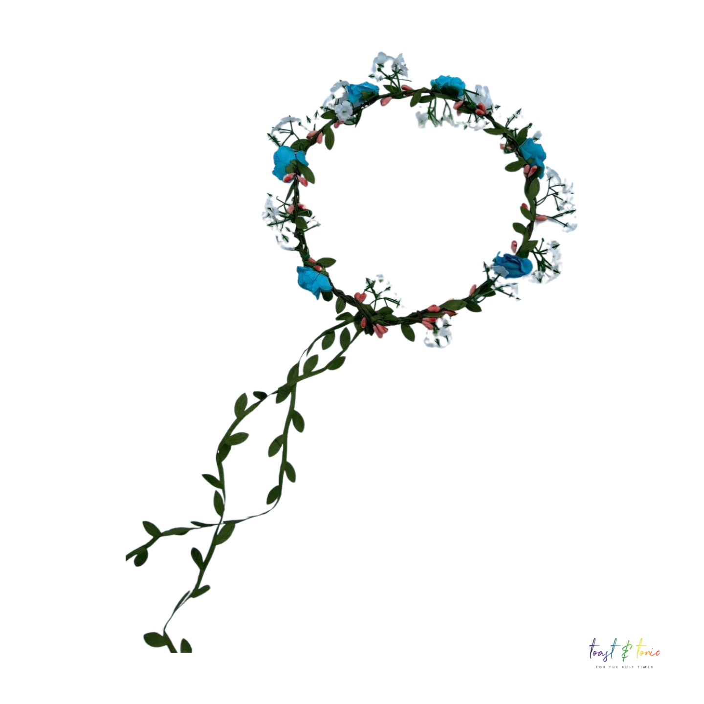 Turquoise & White Flower Head Garland With Green Trail, Flower Hair Garland