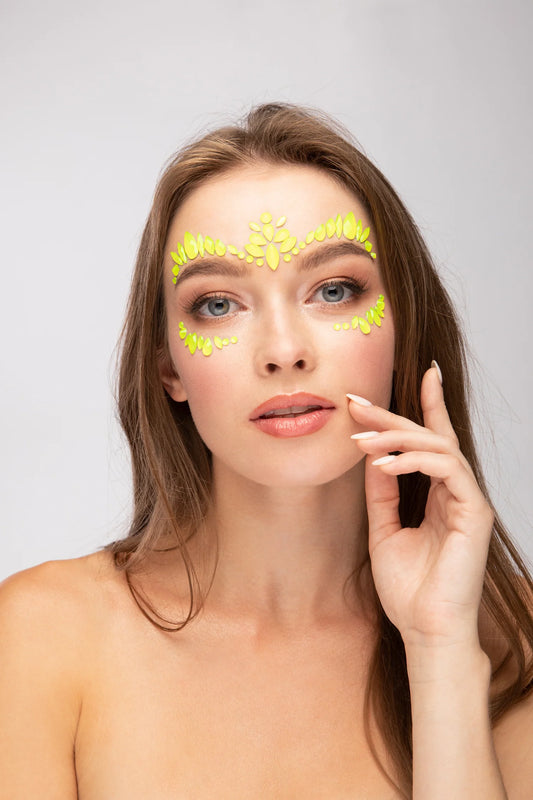 neon yellow uv face jewels, yellow neon face gems
