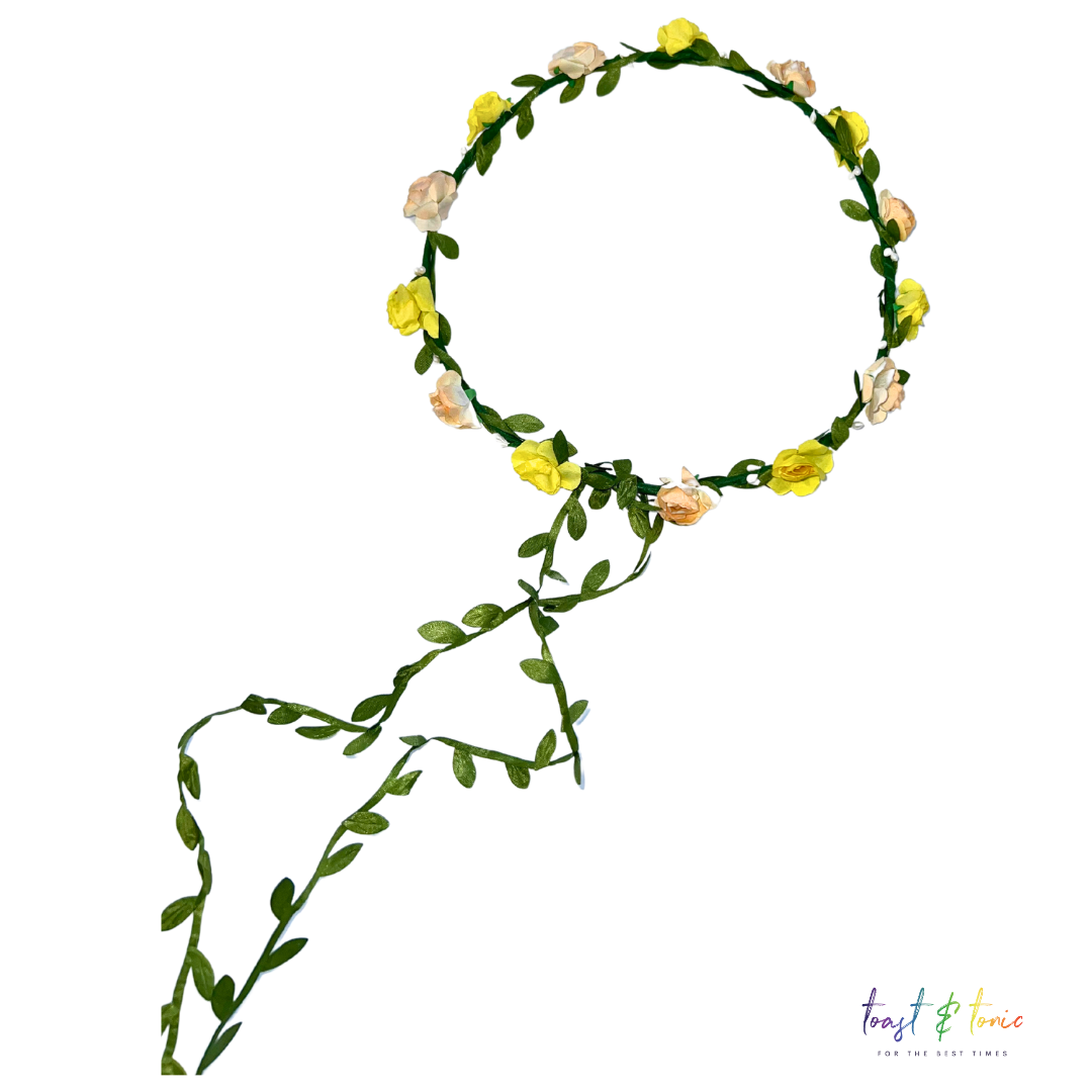Yellow & Peach Flower Hair Garland With Green Trail