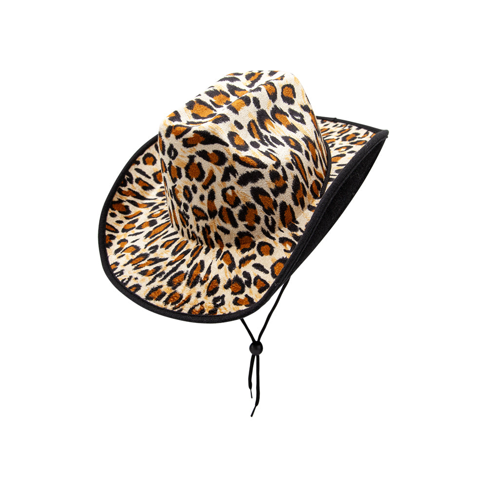 animal print cowboy hat on white background
