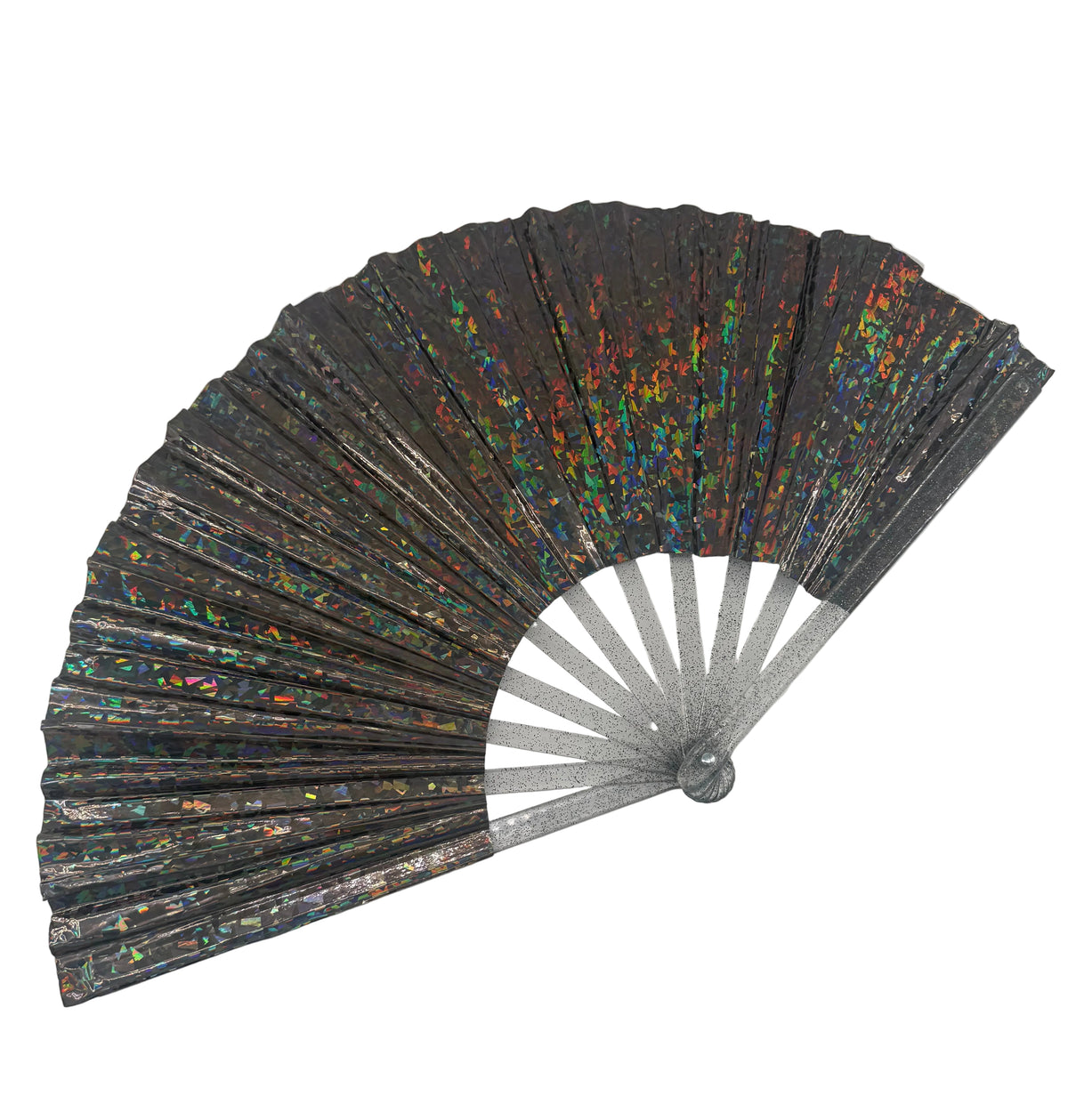 A folding hand fan with a dark gray to black background and vibrant, multicolored holographic foil patterns on the upper section, photographed against a plain light gray background.