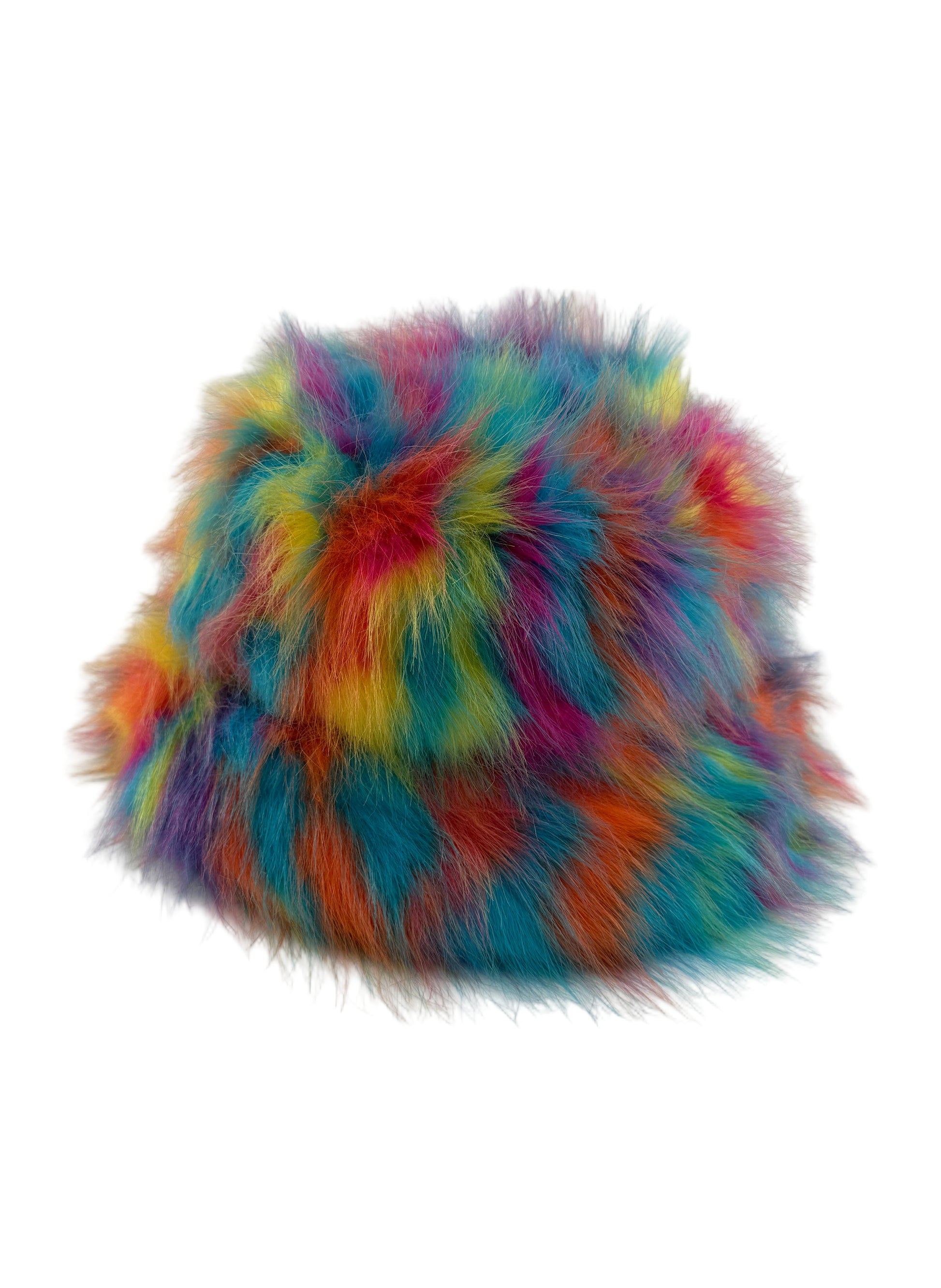Multi colored bright fluffy bucket hat on a white background
