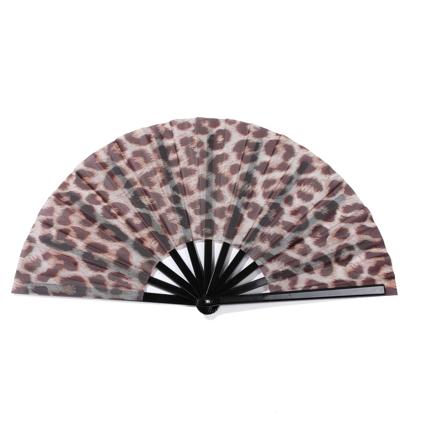Leopard print  extra large hand fan with black frame on a white background
