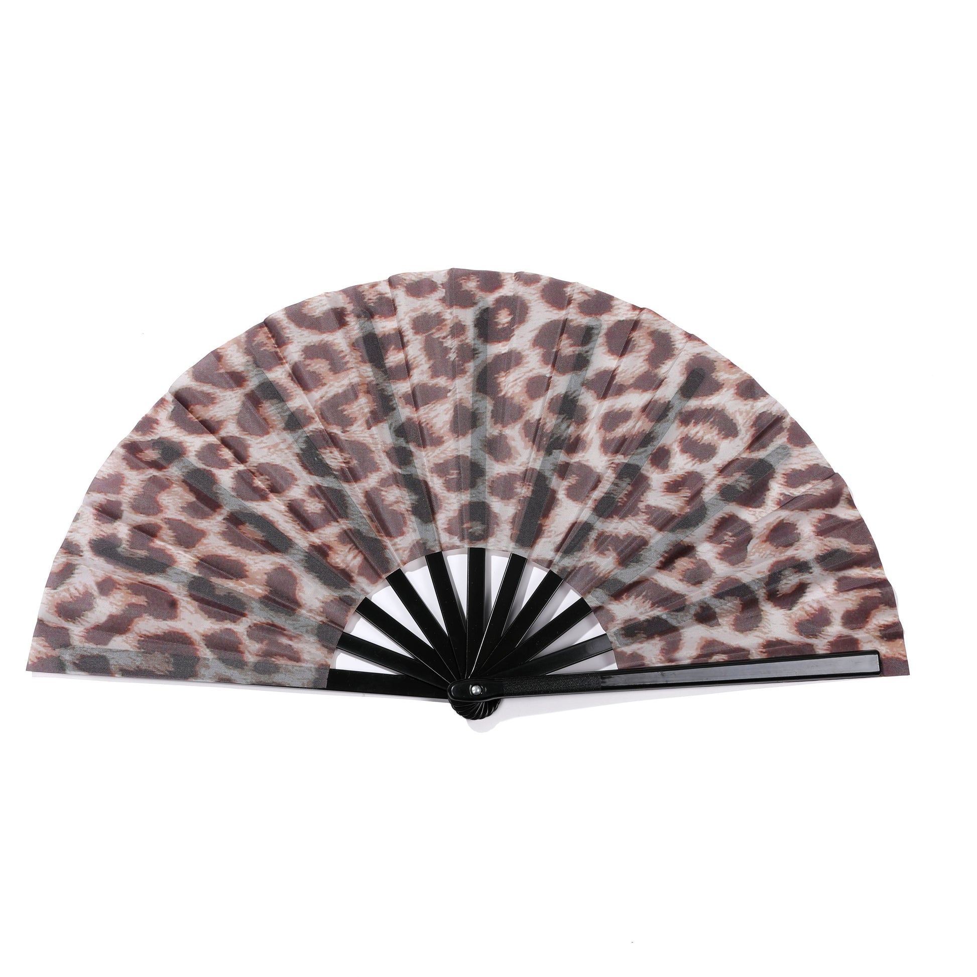 Leopard print  extra large hand fan with black frame on a white background