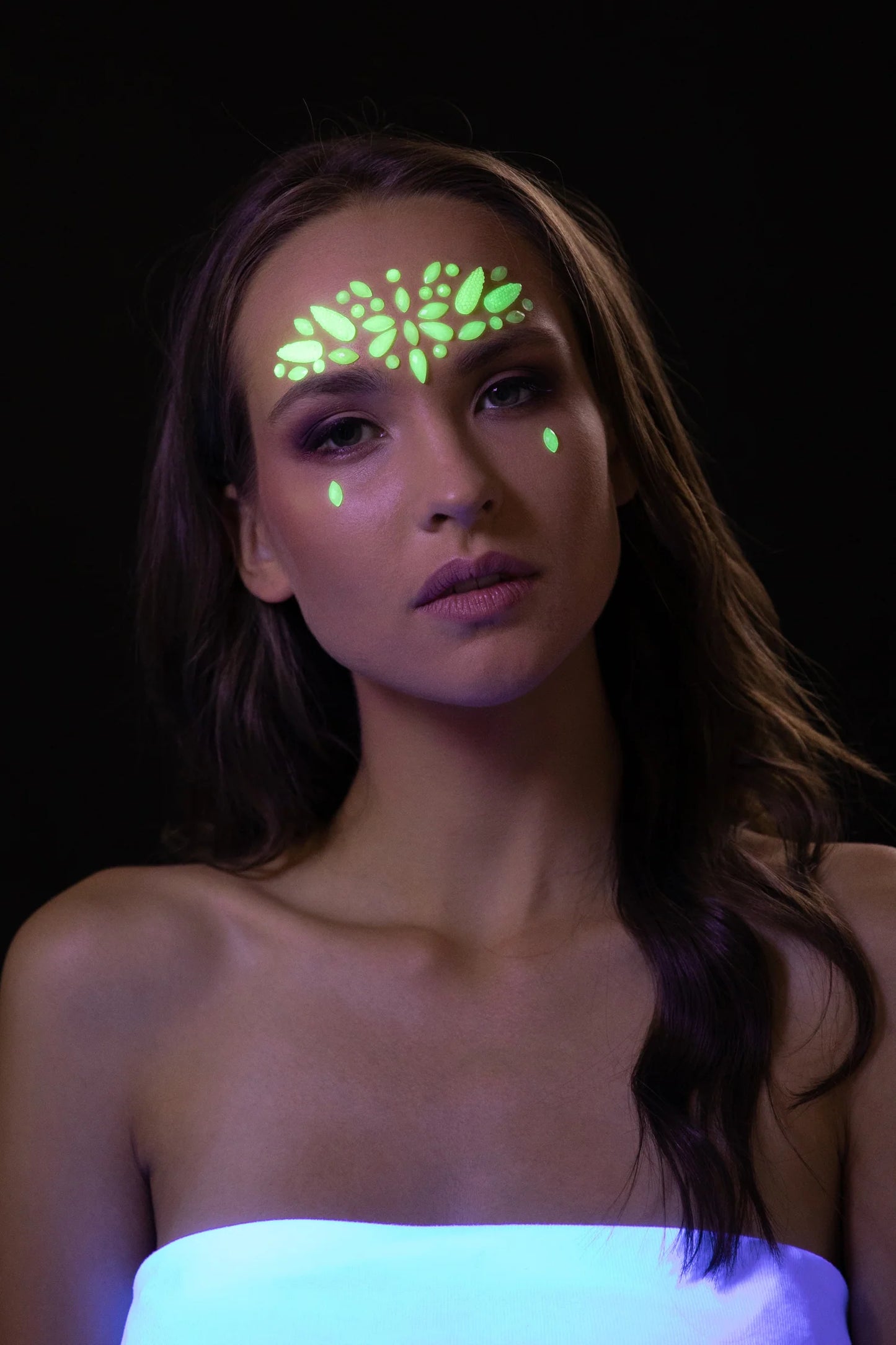 glow in the dark uv neon northern light face jewels, uv face gems