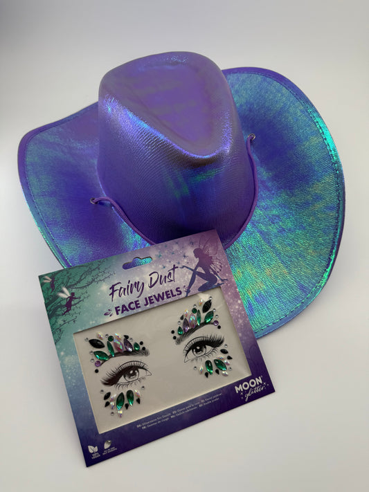 Cowboy hat, face jewel bundle, purple, perfect for festivals