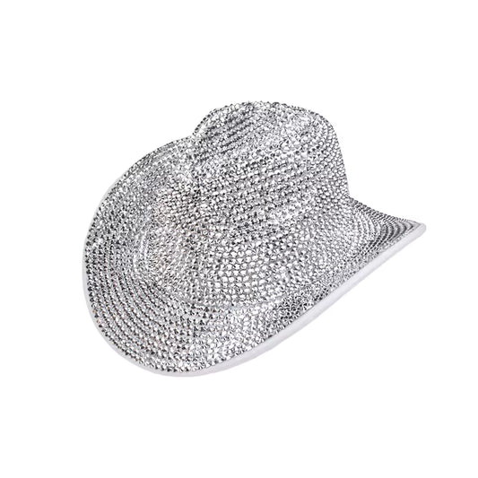 A silver cowboy hat embellished with sparkling rhinestones, shown on a plain white background.