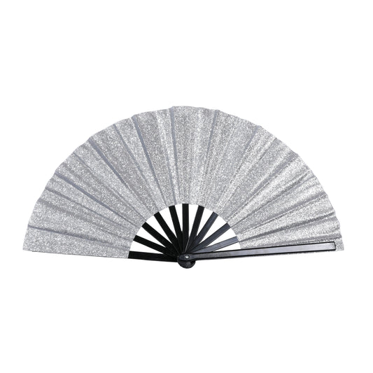 silver sparkly hand fan on white background