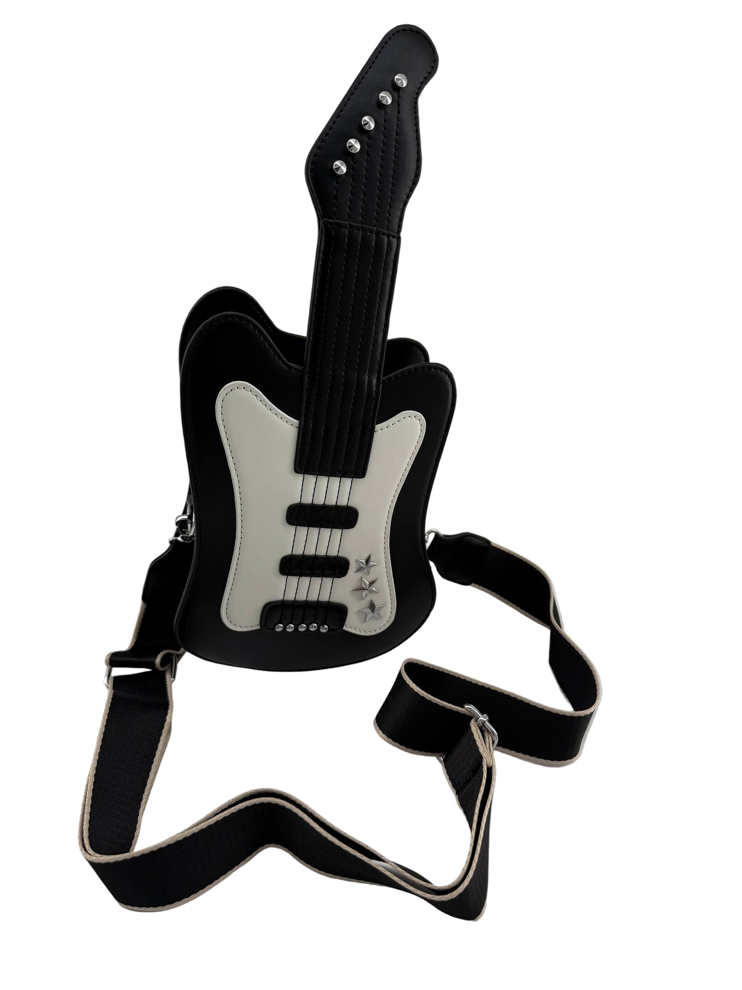 A black faux leather guitar-shaped shoulder bag with a white pickguard and black stars, complete with a strap 